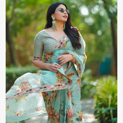 Elegant Sky Blue Designer Saree with Digital Print & Thread Work