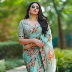 Elegant Sky Blue Designer Saree with Digital Print & Thread Work