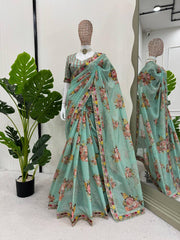 Elegant Sky Blue Designer Saree with Digital Print & Thread Work
