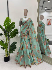 Elegant Sky Blue Designer Saree with Digital Print & Thread Work
