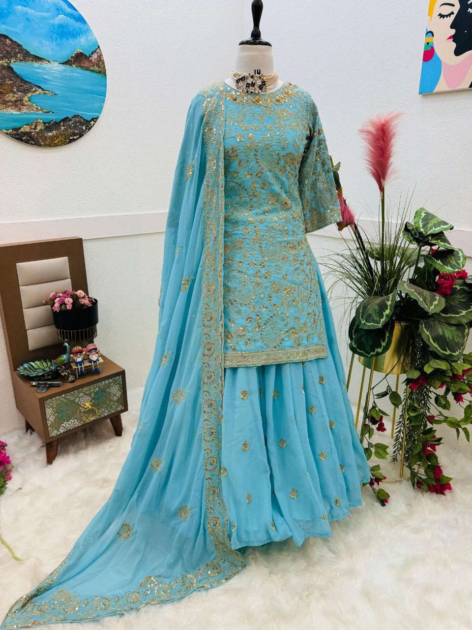 Elegant Sky Blue Embroidered Top, Lehenga & Dupatta Set – Fox Georgette with Sequin Embroidery