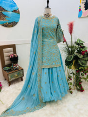 Elegant Sky Blue Embroidered Top, Lehenga & Dupatta Set – Fox Georgette with Sequin Embroidery