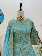Elegant Sky Blue Embroidered Top, Lehenga & Dupatta Set – Fox Georgette with Sequin Embroidery