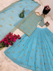 Elegant Sky Blue Embroidered Top, Lehenga & Dupatta Set – Fox Georgette with Sequin Embroidery