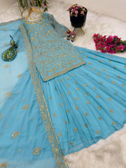 Elegant Sky Blue Embroidered Top, Lehenga & Dupatta Set – Fox Georgette with Sequin Embroidery