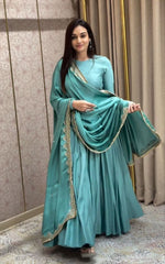 Elegant Sky Blue French Gown with Embroidered Dupatta