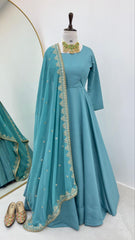 Elegant Sky Blue French Gown with Embroidered Dupatta