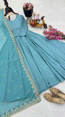 Elegant Sky Blue French Gown with Embroidered Dupatta
