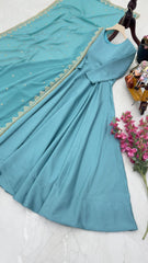 Elegant Sky Blue French Gown with Embroidered Dupatta