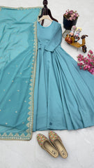 Elegant Sky Blue French Gown with Embroidered Dupatta