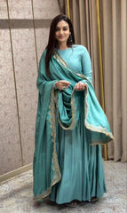 Elegant Sky Blue French Gown with Embroidered Dupatta