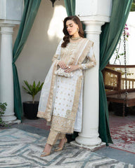 Elegant White Chinon Silk Embroidered Suit Set with Dupatta