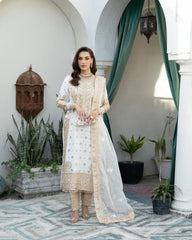 Elegant White Chinon Silk Embroidered Suit Set with Dupatta