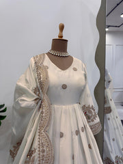 Elegant White Designer Gown in Chinon Silk with Sequins & Coding Work + Dupatta