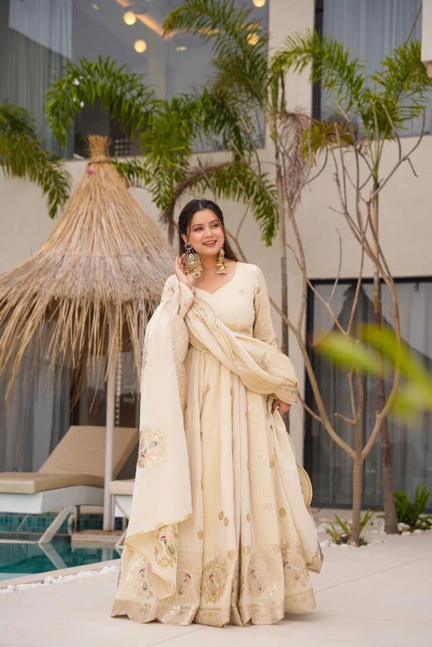 Elegant White Designer Gown in Chinon Silk with Sequins & Coding Work + Dupatta