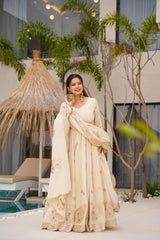 Elegant White Designer Gown in Chinon Silk with Sequins & Coding Work + Dupatta