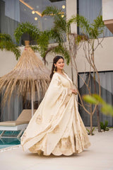 Elegant White Designer Gown in Chinon Silk with Sequins & Coding Work + Dupatta