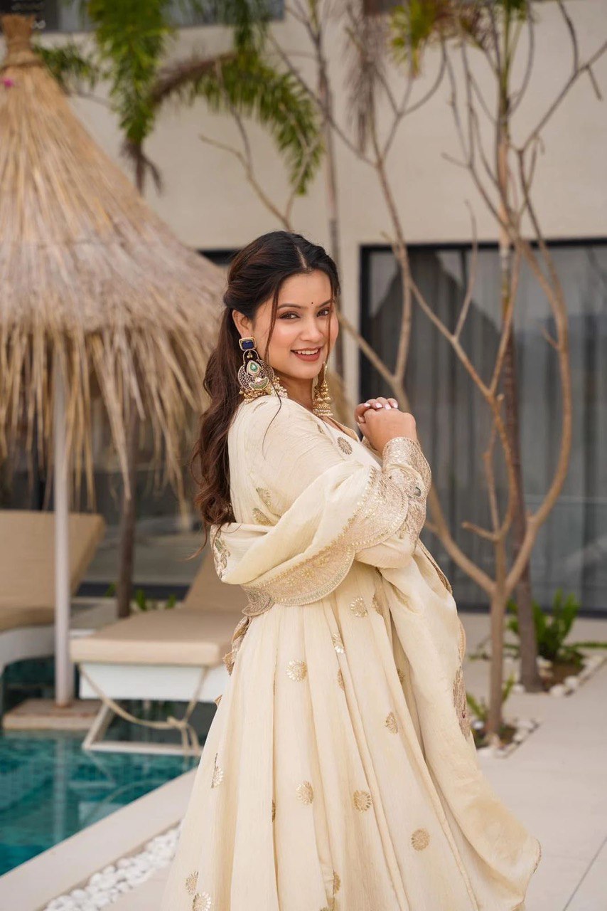 Elegant White Designer Gown in Chinon Silk with Sequins & Coding Work ManMohit Fashion Elegant White Designer Gown in Chinon Silk with Sequins & Coding Work ManMohit Fashion