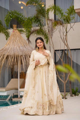 Elegant White Designer Gown in Chinon Silk with Sequins & Coding Work + Dupatta