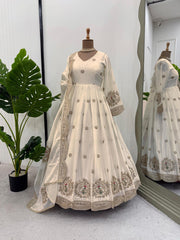 Elegant White Designer Gown in Chinon Silk with Sequins & Coding Work + Dupatta