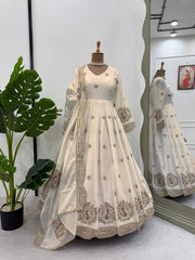 Elegant White Designer Gown in Chinon Silk with Sequins & Coding Work + Dupatta