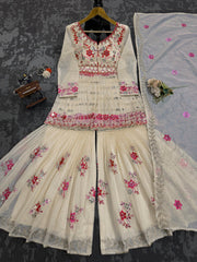 Elegant White Designer Suit with Sharara and Dupatta - Chanderi Cotton & 9MM Sequin Work