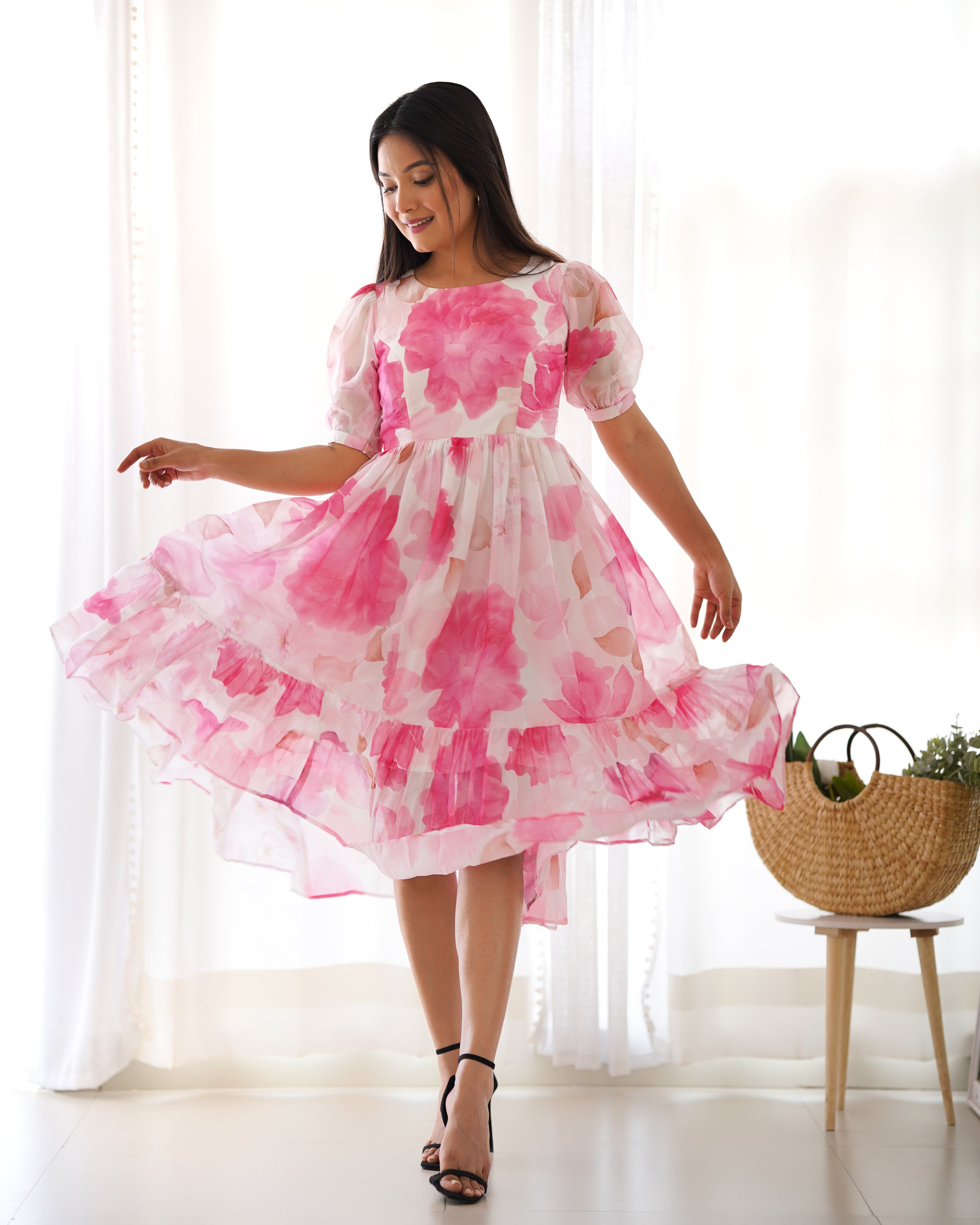 wear one piece dresses Elegant White Floral Organza Silk One-Piece Dress – Ready to Wear – ManMohit Fashion