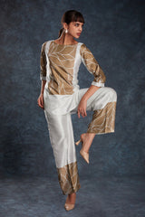 Elegant White Printed Linen Satin Co-Ord Set | Chic & Comfy | Ready to Wear Top + Pant (XS–XXL)