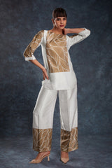 Elegant White Printed Linen Satin Co-Ord Set | Chic & Comfy | Ready to Wear Top + Pant (XS–XXL)