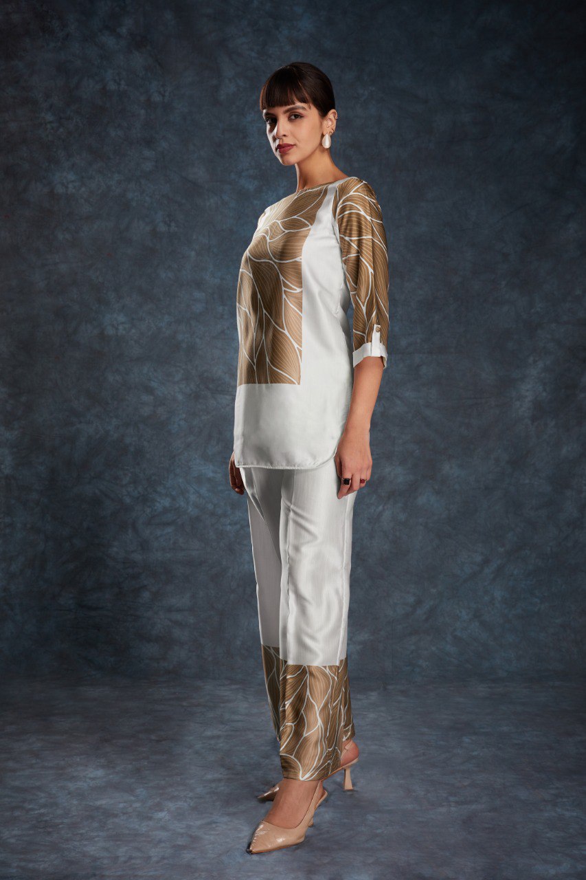 Elegant White Printed Linen Satin Co-Ord Set | Chic & Comfy | Ready to Wear Top + Pant (XS–XXL)
