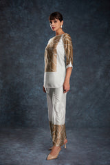 Elegant White Printed Linen Satin Co-Ord Set | Chic & Comfy | Ready to Wear Top + Pant (XS–XXL)