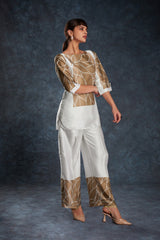 Elegant White Printed Linen Satin Co-Ord Set | Chic & Comfy | Ready to Wear Top + Pant (XS–XXL)