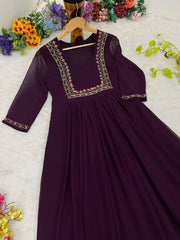 Elegant Wine Fox Georgette Kurti with Handwork