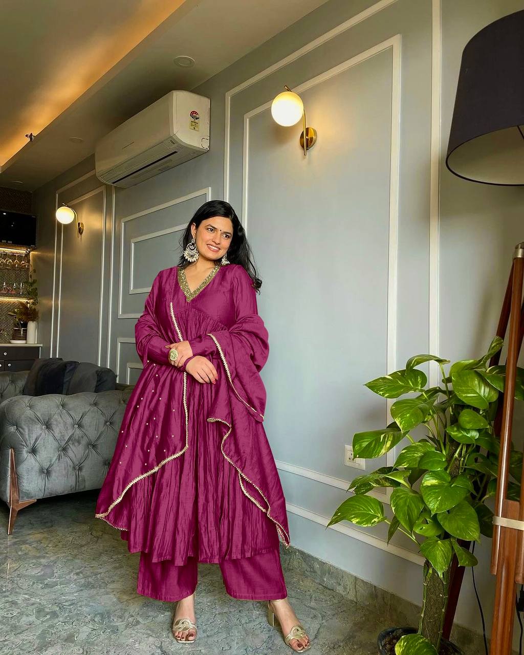 Elegant Wine Party Wear Alia Cut Anarkali Gown with Dupatta & Bottom Set -  2XL