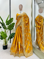 Elegant Yellow Designer Saree with Thread & Sequin Work - Japan Satin Silk