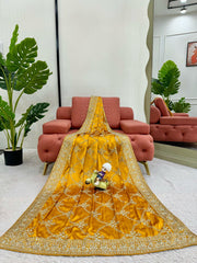 Elegant Yellow Designer Saree with Thread & Sequin Work - Japan Satin Silk