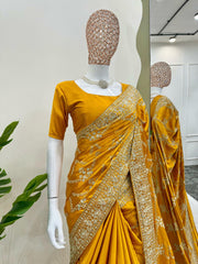 Elegant Yellow Designer Saree with Thread & Sequin Work - Japan Satin Silk