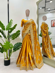 Elegant Yellow Designer Saree with Thread & Sequin Work - Japan Satin Silk