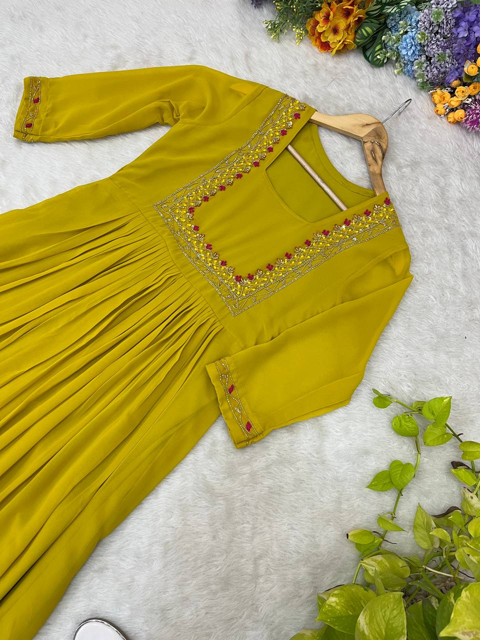 Elegant Yellow Fox Georgette Kurti with Handwork