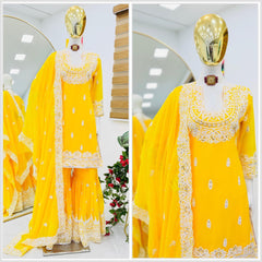 Elegant Yellow Georgette Sharara Set with Codding Embroidery & Sequin Work