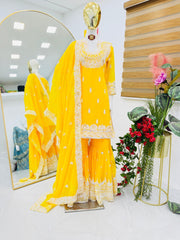 Elegant Yellow Georgette Sharara Set with Codding Embroidery & Sequin Work