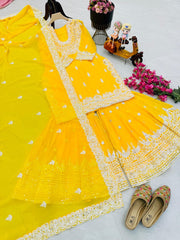 Elegant Yellow Georgette Sharara Set with Codding Embroidery & Sequin Work