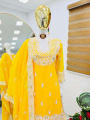 Elegant Yellow Georgette Sharara Set with Codding Embroidery & Sequin Work