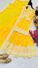 Elegant Yellow Georgette Sharara Set with Codding Embroidery & Sequin Work