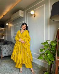 Elegant Yellow Party Wear Alia Cut Anarkali Gown with Dupatta & Bottom Set