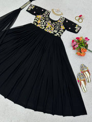 Ethereal Black Designer Gown in Faux Georgette with Thread & Sequin Work
