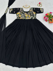 Ethereal Black Designer Gown in Faux Georgette with Thread & Sequin Work