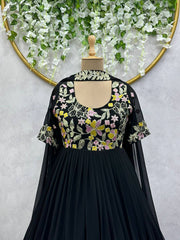 Ethereal Black Designer Gown in Faux Georgette with Thread & Sequin Work