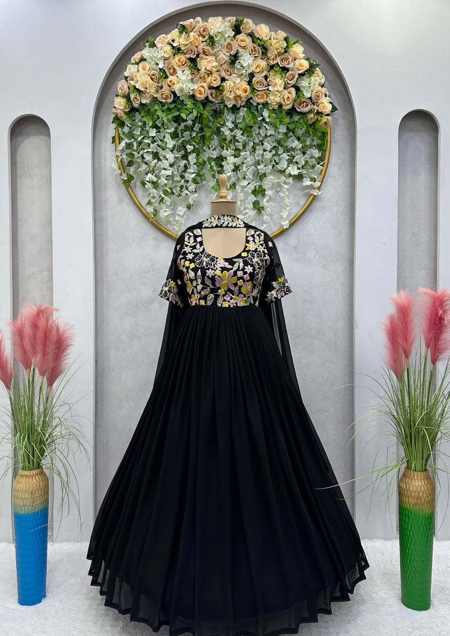 Ethereal Black Designer Gown in Faux Georgette with Thread & Sequin Work