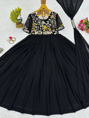 Ethereal Black Designer Gown in Faux Georgette with Thread & Sequin Work
